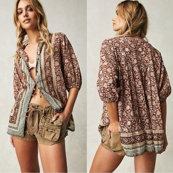 Free People Bohemian Retro 70s Border Batik Button Down Kimono Shirt Medium - Picture 1 of 13